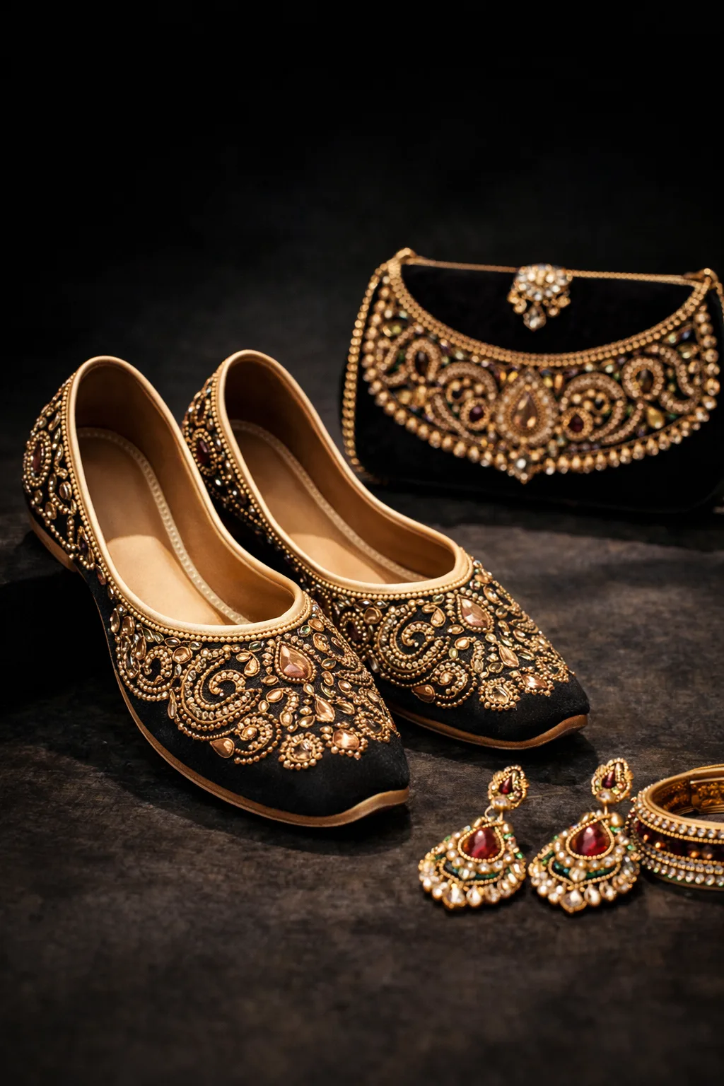 Set negro y dorado — khussa, clutch y joyería artesanal — Queens